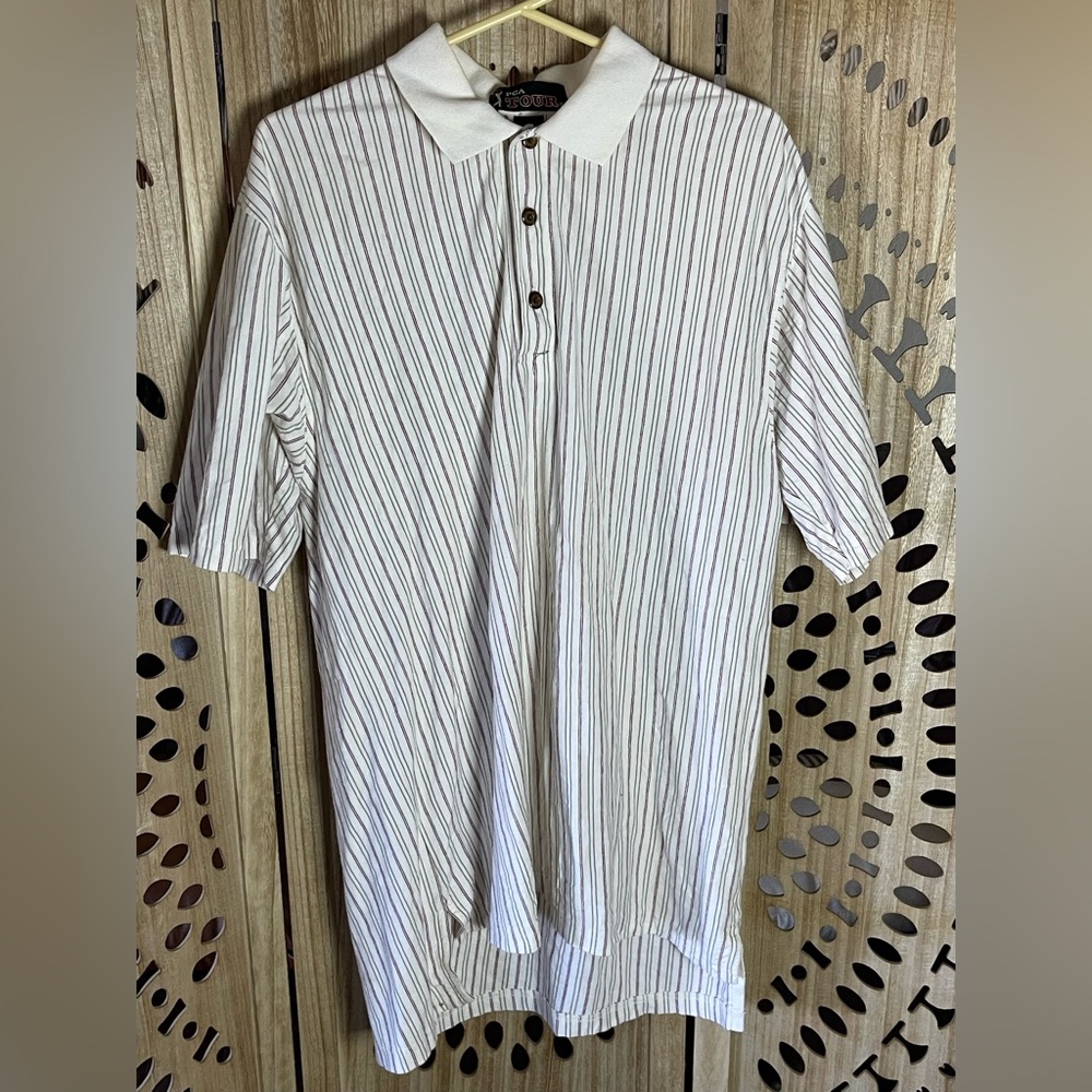 Vintage PGA Tour Polo Shirt Men’s Large L White Maroon Pinstripe 100% Cotton